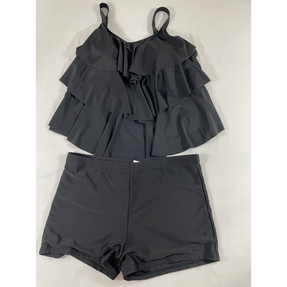 Septangle Women Layered Ruffle Two Piece Tankini‎ Bathing Suit, Black, 18